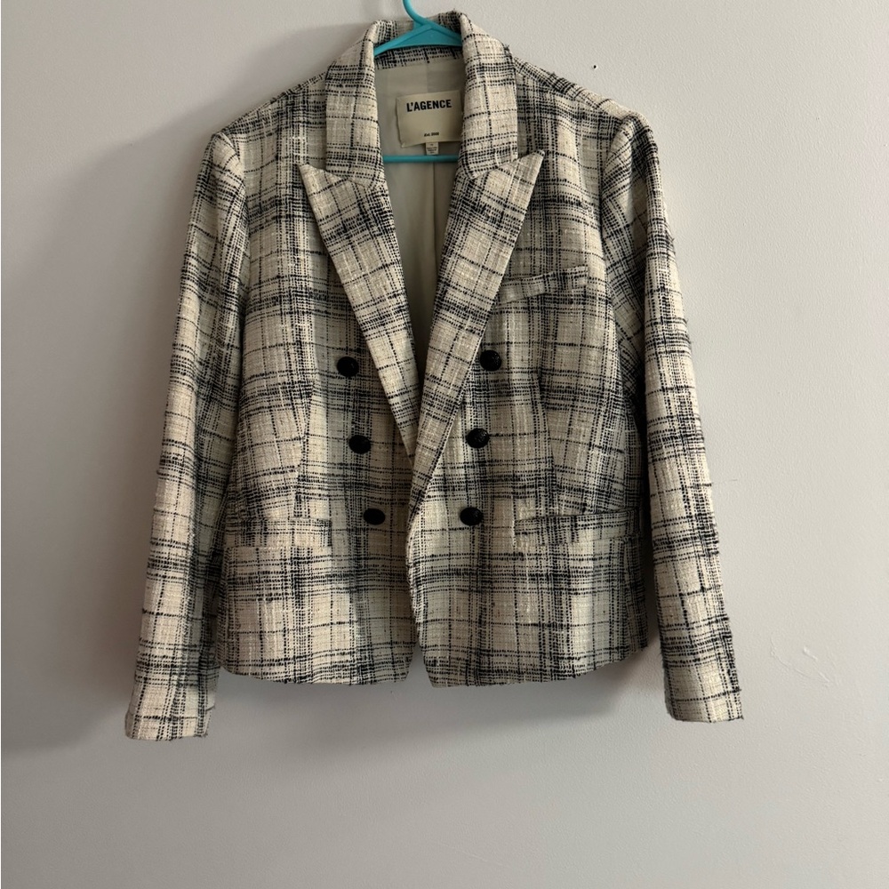 L'AGENCE Women's Black and Cream Plaid Blazer - SHOULDER PADS REMOVED